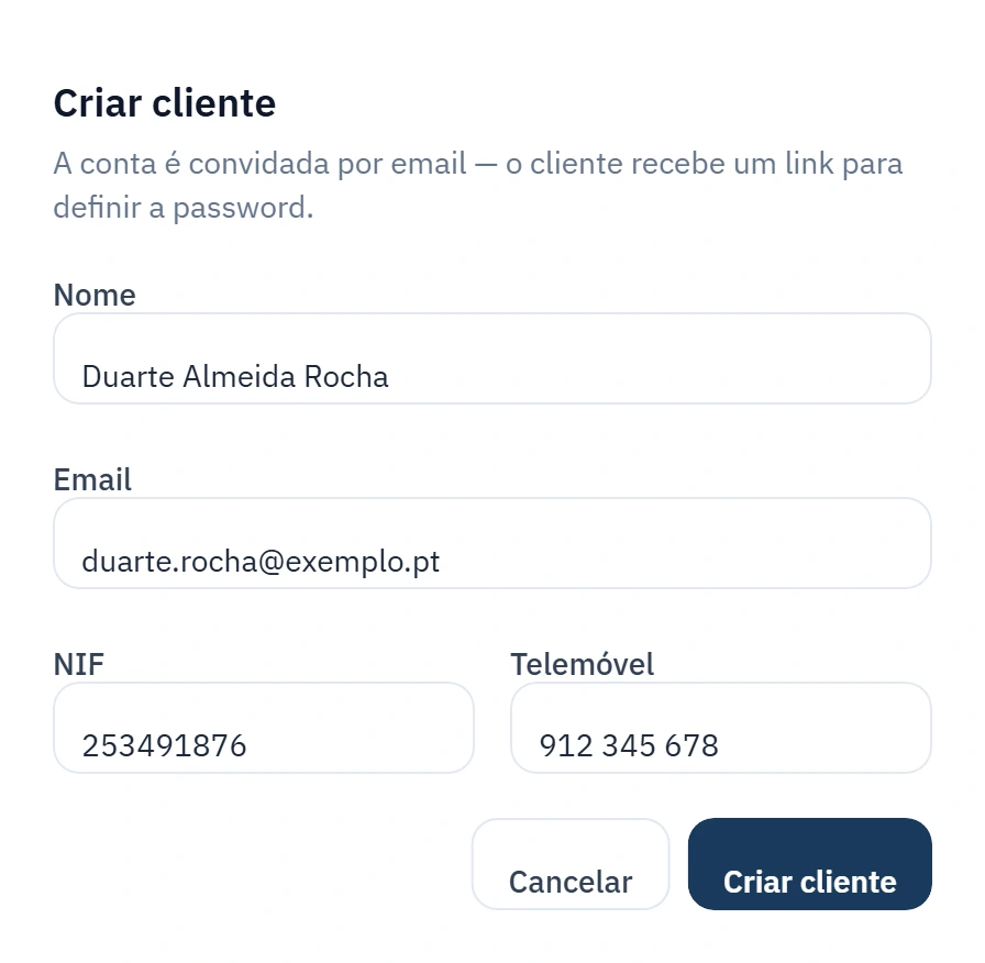 Criar um cliente a partir do painel de contabilista