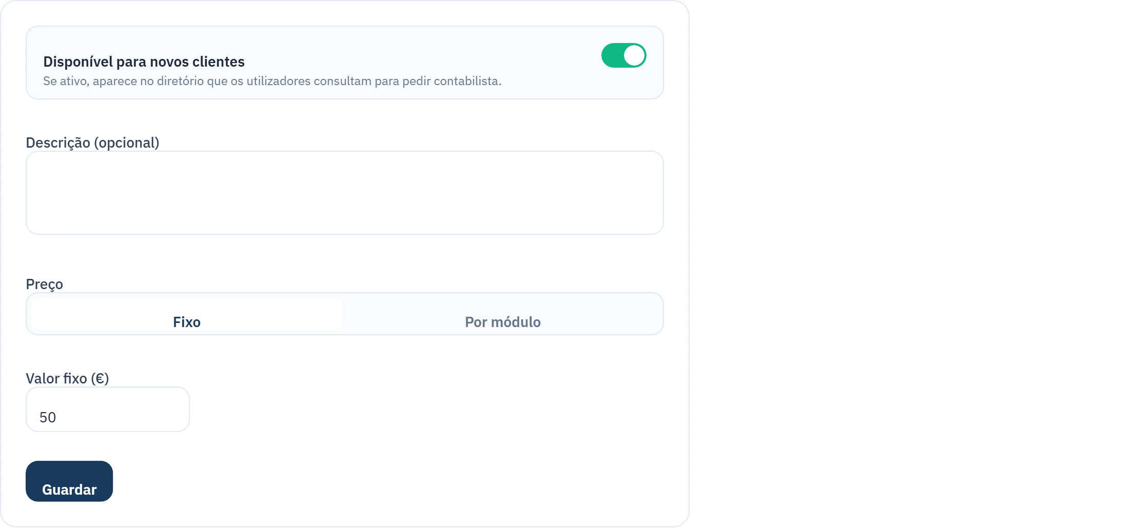 Preço fixo ou por módulo, e disponibilidade no diretório