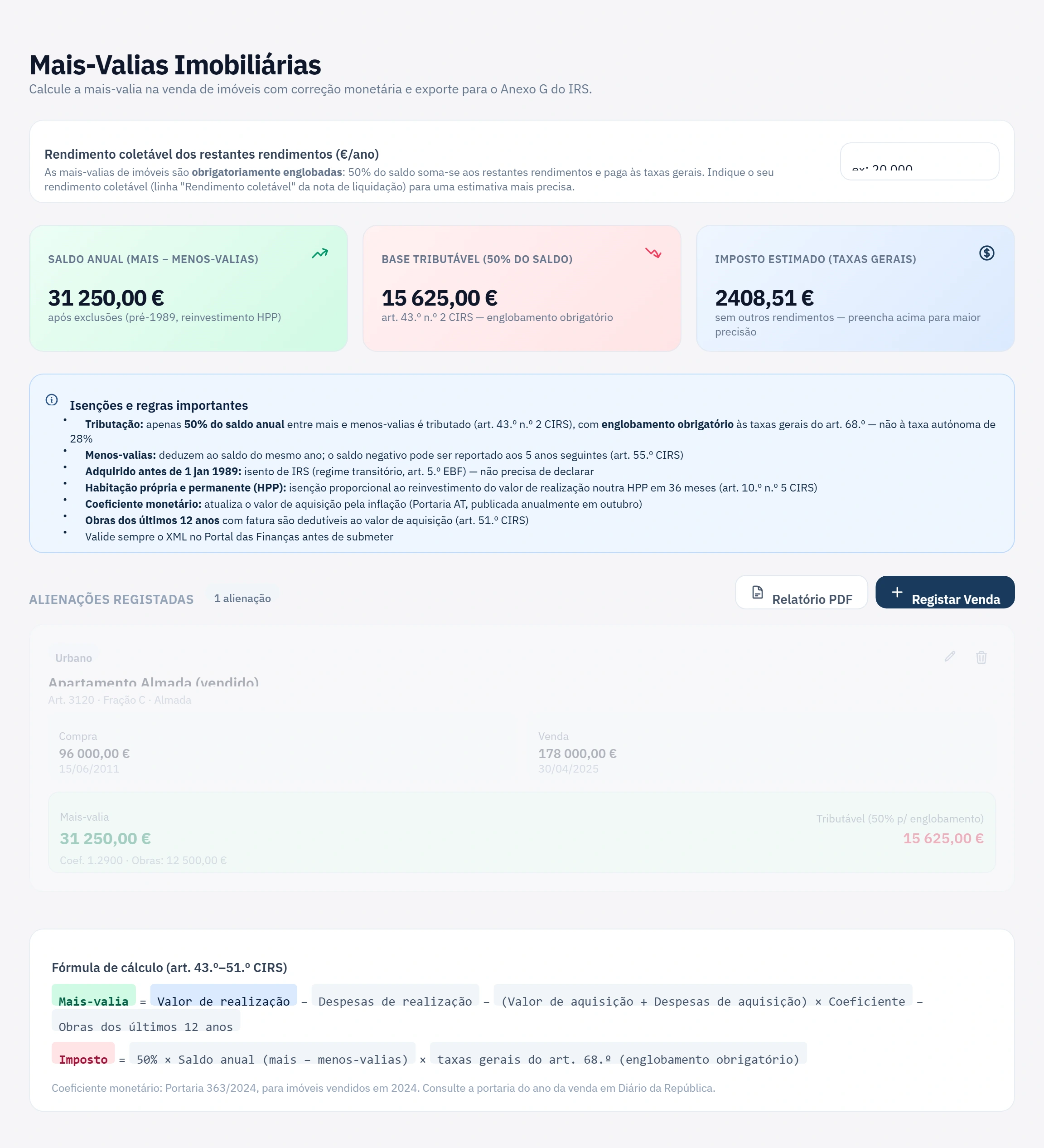 Vendas registadas, com a mais-valia apurada por imóvel